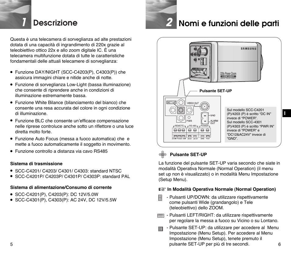 Descrizione, Nomi e funzioni delle parti | Samsung SCC-C4201P User Manual | Page 80 / 95