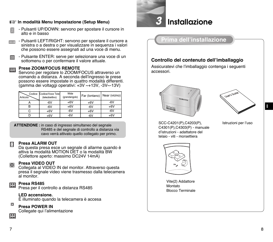 Installazione, Controllo del contenuto dell’imballaggio, Prima dell’installazione | Samsung SCC-C4201P User Manual | Page 81 / 95