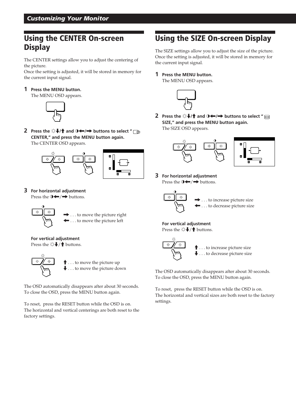 Using the center on-screen display, Using the size on-screen display, Customizing your monitor | Sony GDM-200PST User Manual | Page 10 / 104