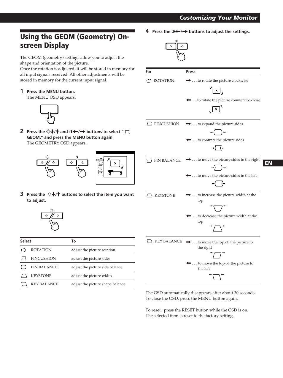 Using the geom (geometry) on- screen display, Customizing your monitor | Sony GDM-200PST User Manual | Page 11 / 104