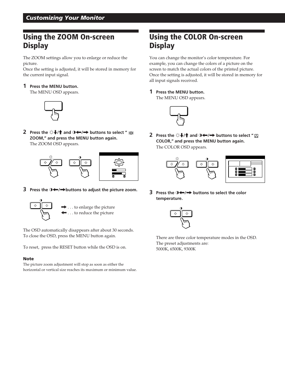 Using the zoom on-screen display, Using the color on-screen display, Customizing your monitor | Sony GDM-200PST User Manual | Page 12 / 104