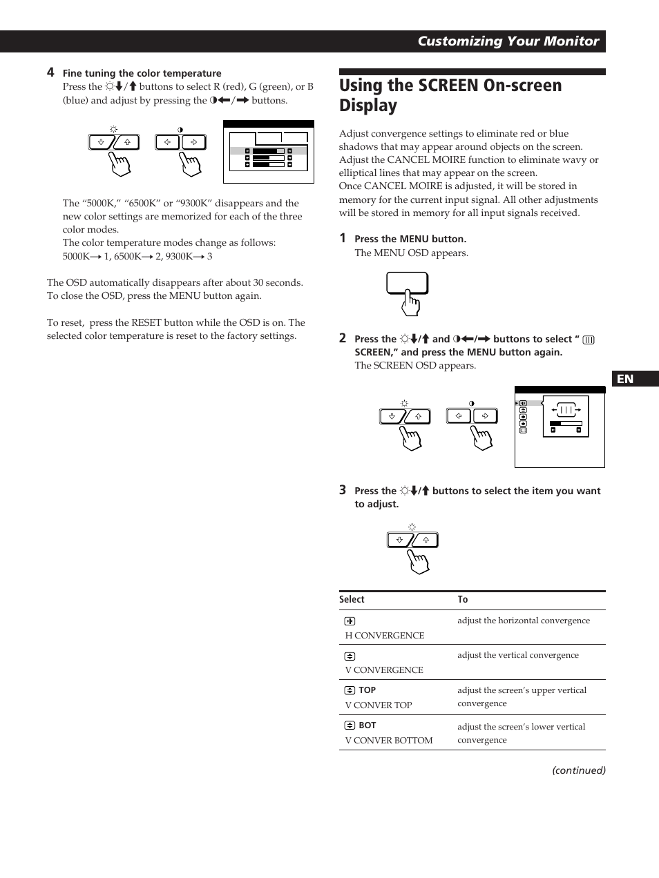 Using the screen on-screen display, Customizing your monitor, Fen d es i | Sony GDM-200PST User Manual | Page 13 / 104