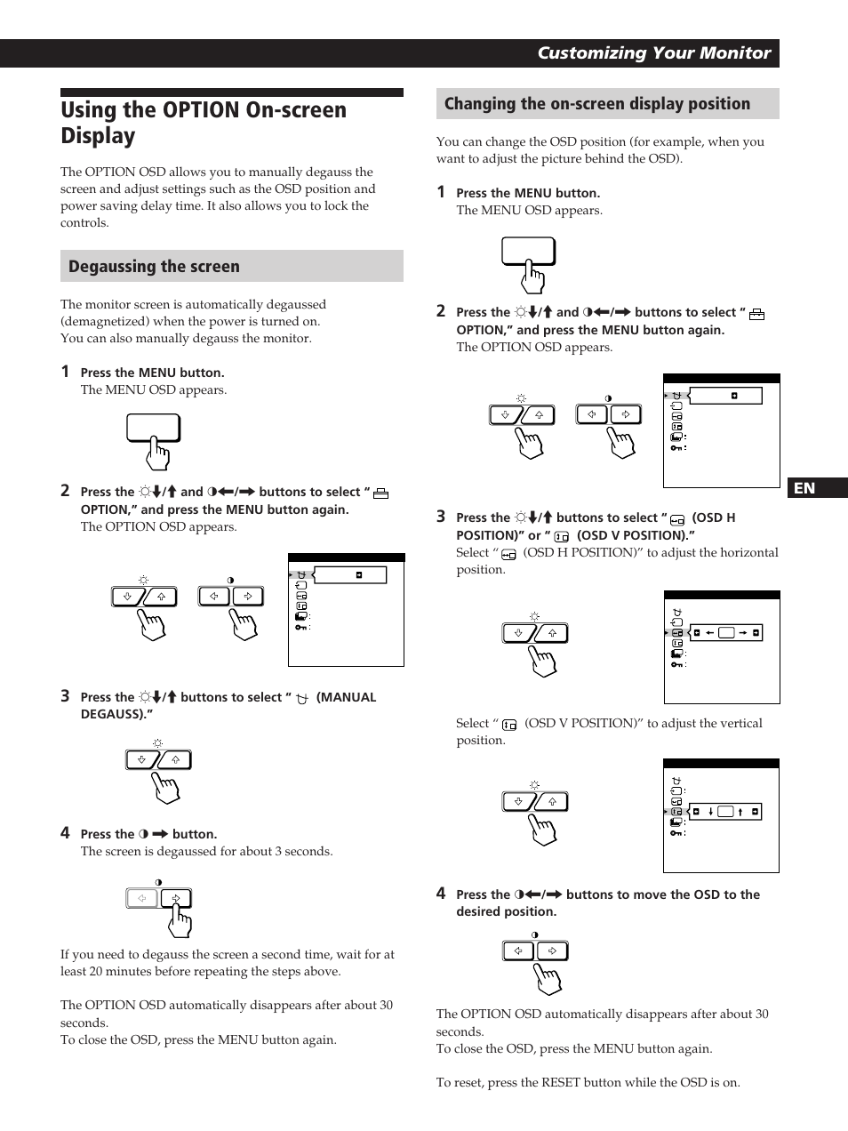 Using the option on-screen display, Customizing your monitor, Degaussing the screen | Changing the on-screen display position, Fen d es i | Sony GDM-200PST User Manual | Page 15 / 104