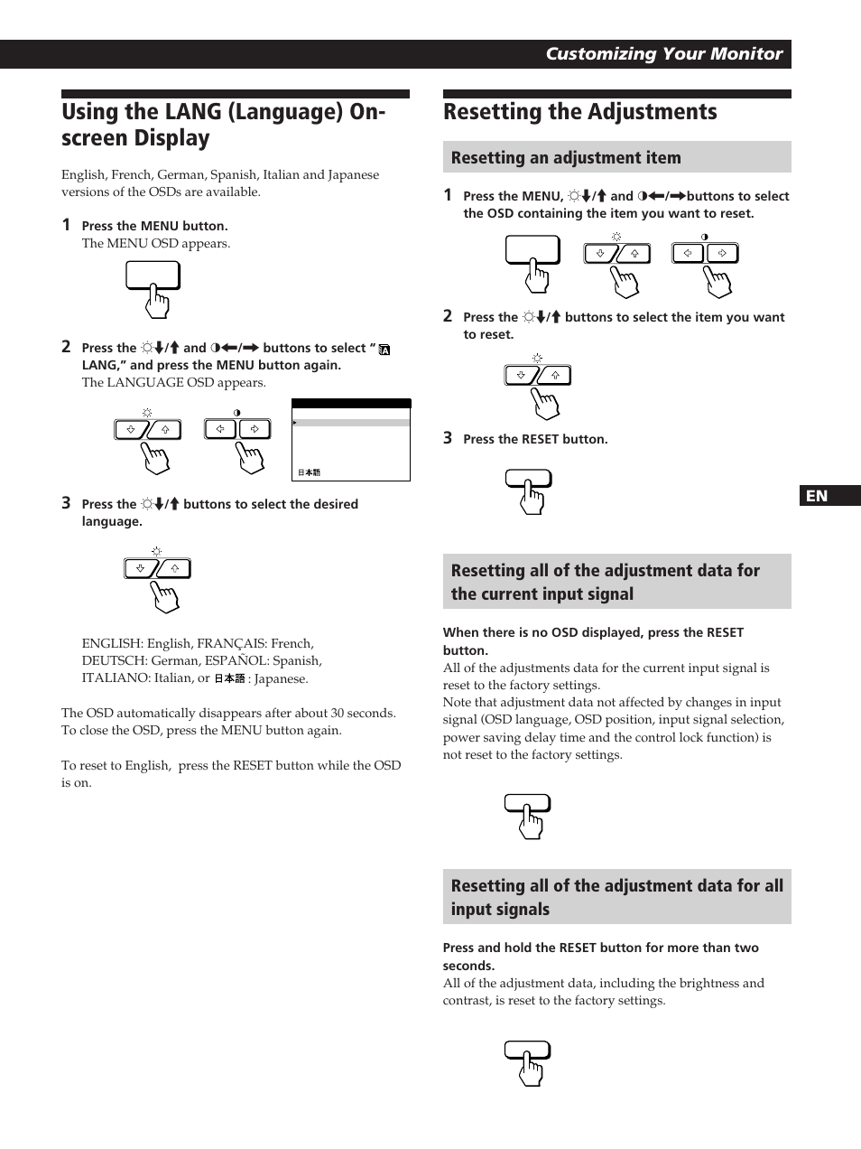 Using the lang (language) on- screen display, Resetting the adjustments | Sony GDM-200PST User Manual | Page 17 / 104
