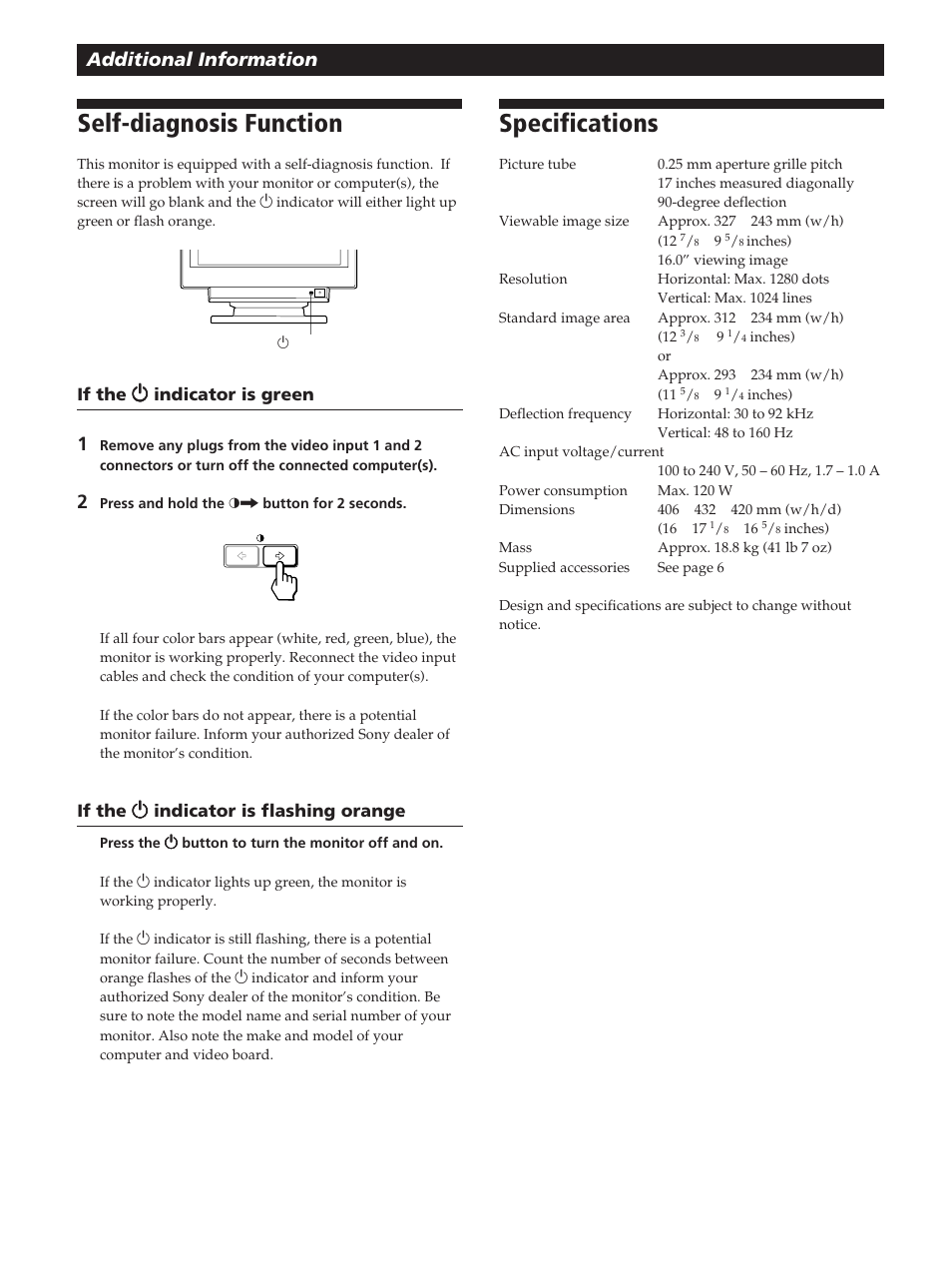 Self-diagnosis function, Specifications, Additional information | Sony GDM-200PST User Manual | Page 22 / 104