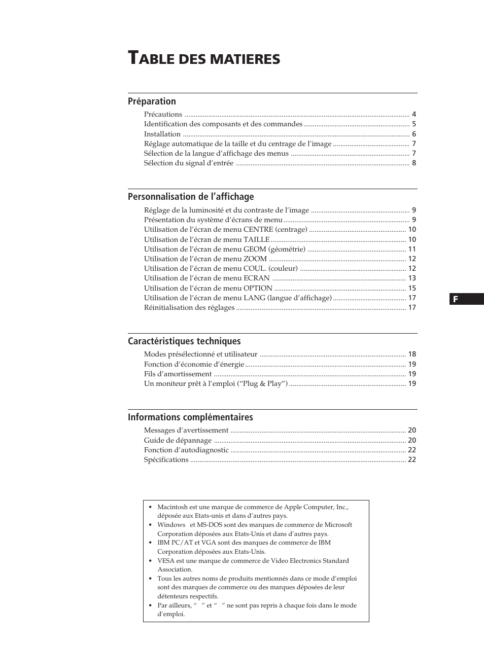 Able des matieres, Préparation, Personnalisation de l’affichage | Caractéristiques techniques, Informations complémentaires | Sony GDM-200PST User Manual | Page 23 / 104