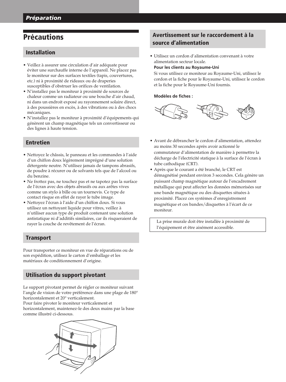 Précautions, Préparation, Installation | Entretien, Transport, Utilisation du support pivotant | Sony GDM-200PST User Manual | Page 24 / 104