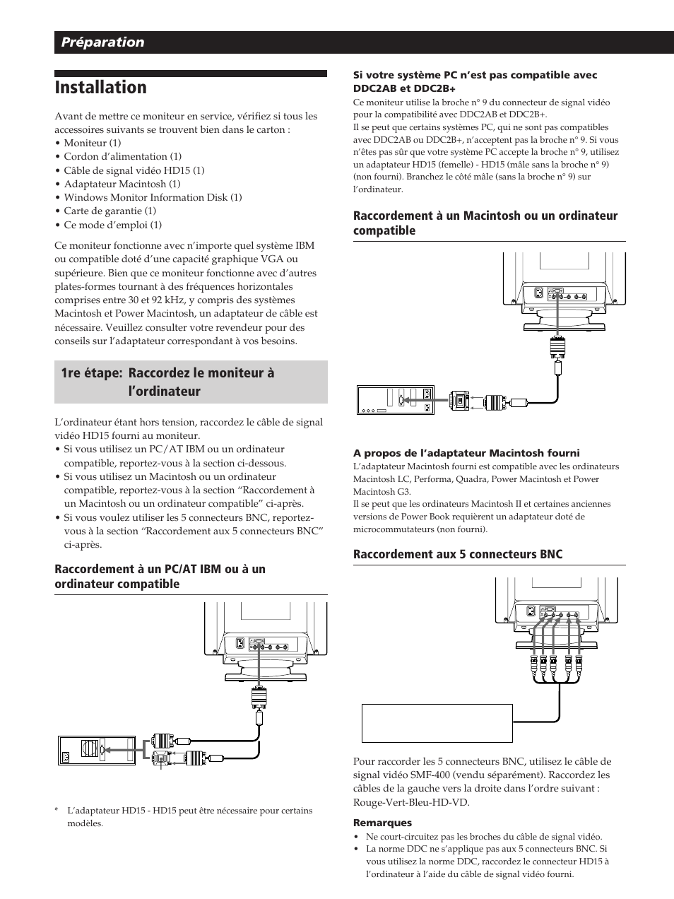 Installation, Préparation, 1re étape: raccordez le moniteur à l’ordinateur | Sony GDM-200PST User Manual | Page 26 / 104