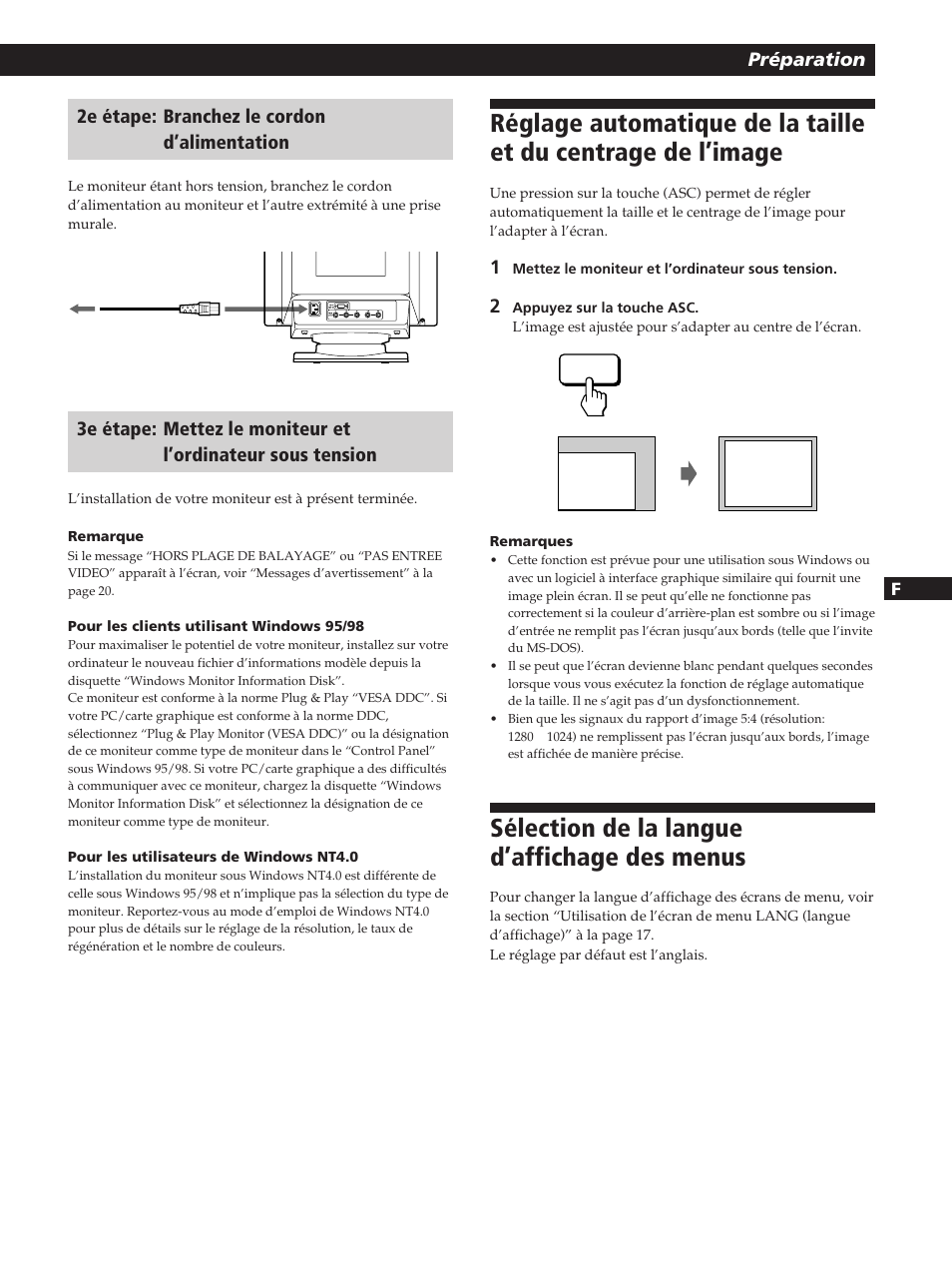 Sélection de la langue d’affichage des menus, Préparation, 2e étape: branchez le cordon d’alimentation | Sony GDM-200PST User Manual | Page 27 / 104