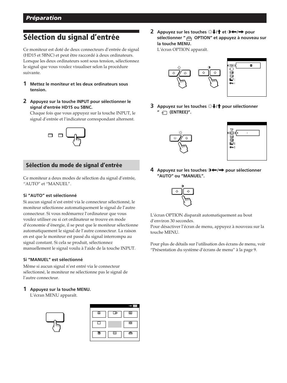 Sélection du signal d’entrée, Préparation, Sélection du mode de signal d’entrée | Sony GDM-200PST User Manual | Page 28 / 104