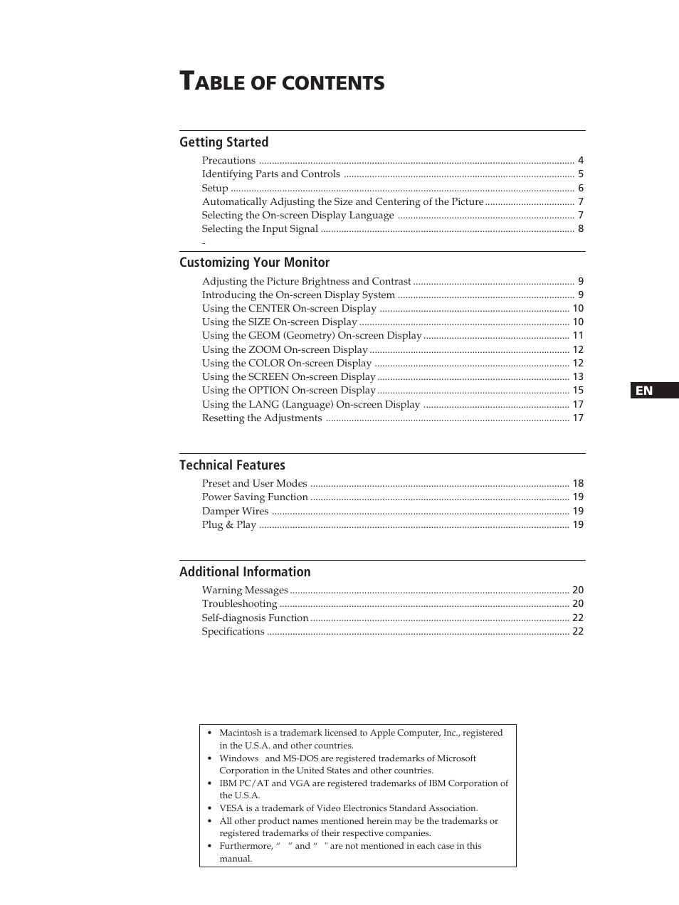 Able of contents | Sony GDM-200PST User Manual | Page 3 / 104