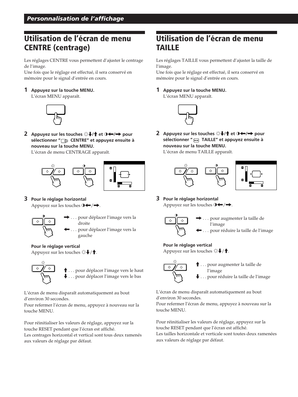 Utilisation de l’écran de menu centre (centrage), Utilisation de l’écran de menu taille, Personnalisation de l’affichage | Sony GDM-200PST User Manual | Page 30 / 104