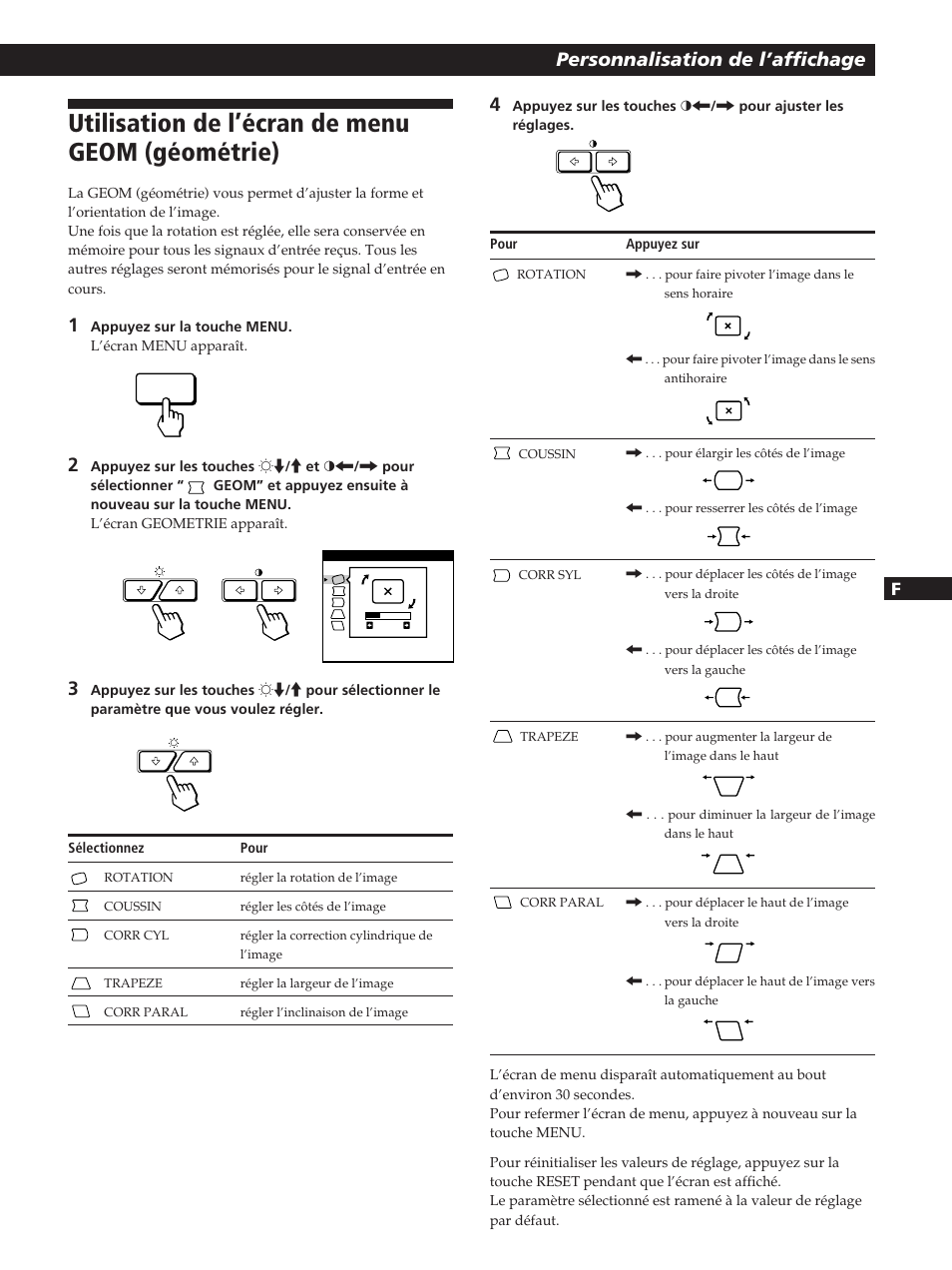 Utilisation de l’écran de menu geom (géométrie), Personnalisation de l’affichage | Sony GDM-200PST User Manual | Page 31 / 104