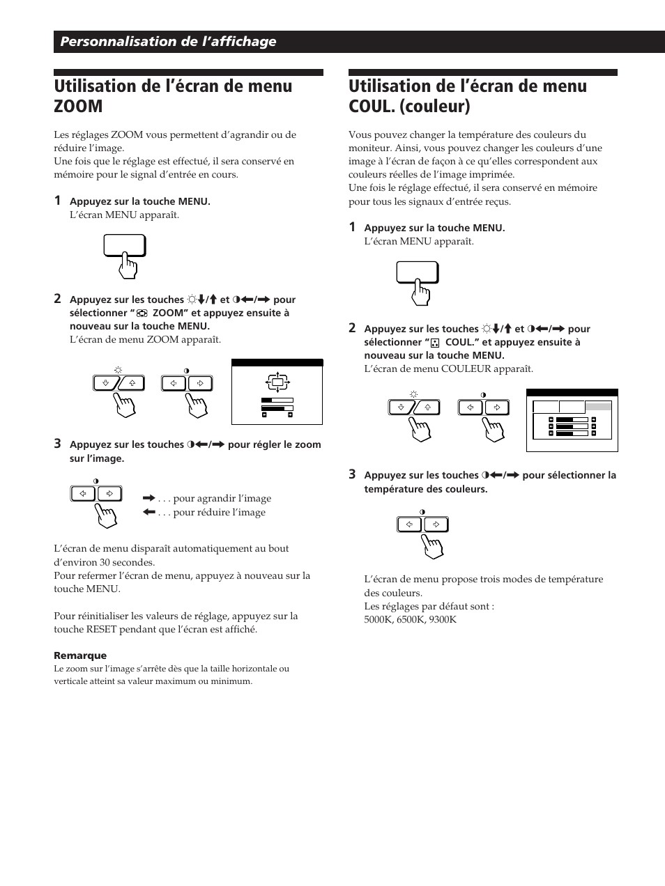 Utilisation de l’écran de menu zoom, Utilisation de l’écran de menu coul. (couleur), Personnalisation de l’affichage | Sony GDM-200PST User Manual | Page 32 / 104