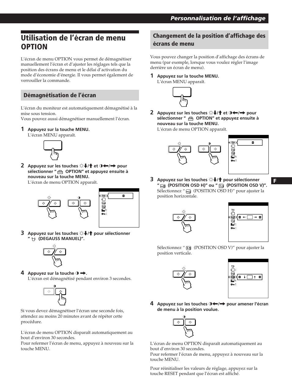 Utilisation de l’écran de menu option, Personnalisation de l’affichage, Démagnétisation de l’écran | Fen d es i | Sony GDM-200PST User Manual | Page 35 / 104