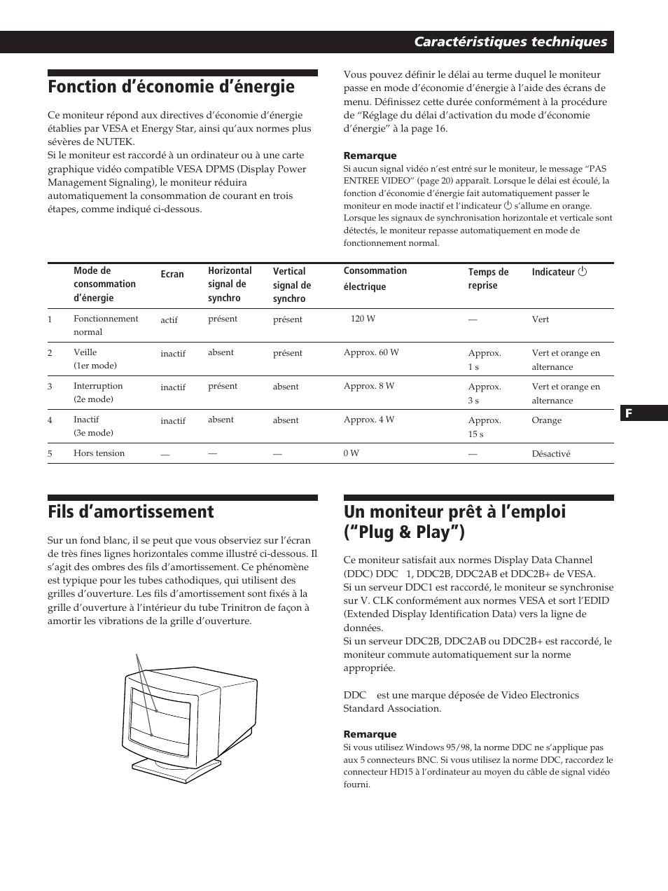 Fonction d’économie d’énergie, Un moniteur prêt à l’emploi (“plug & play”), Fils d’amortissement | Caractéristiques techniques | Sony GDM-200PST User Manual | Page 39 / 104