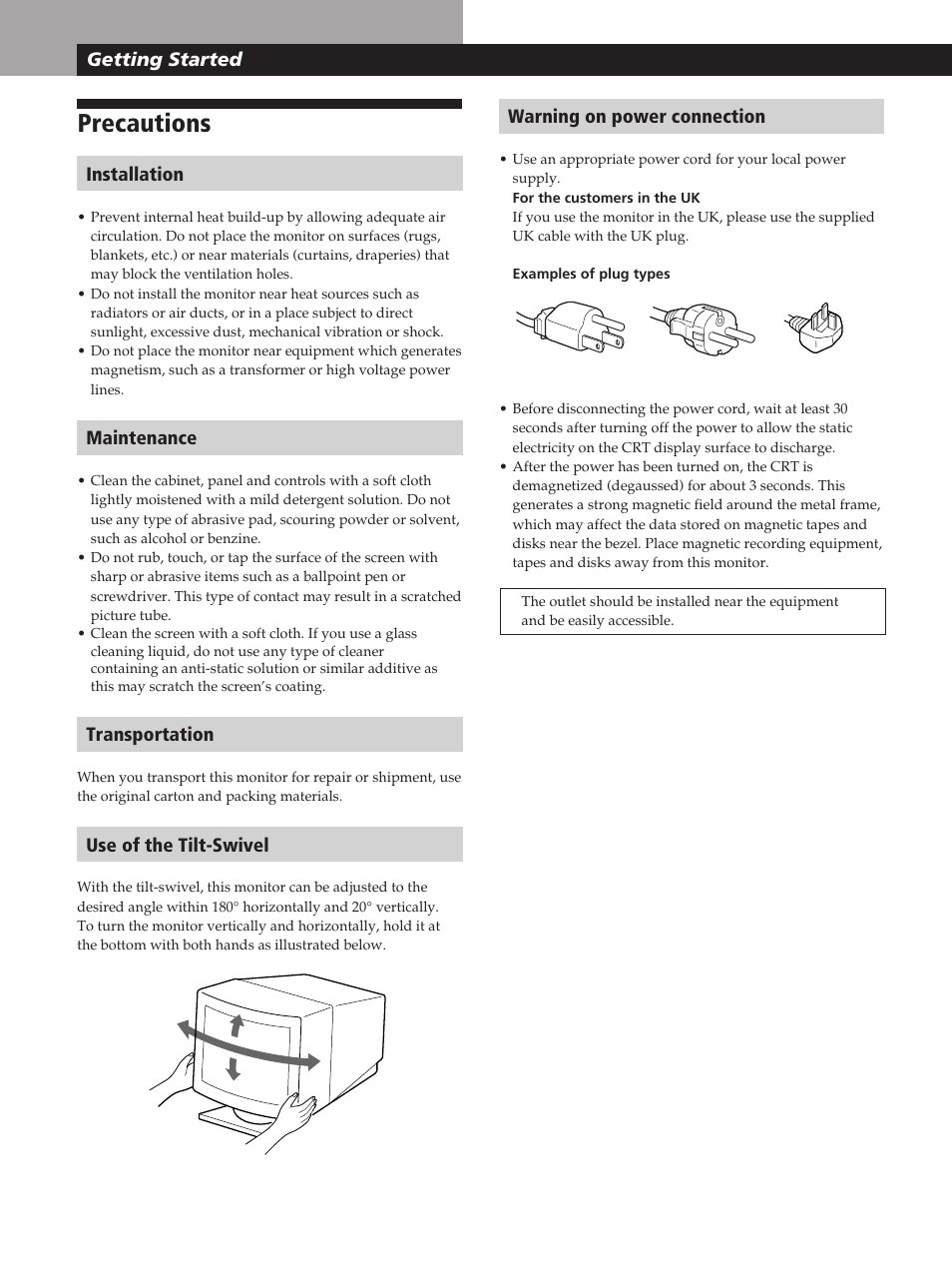 Precautions, Getting started warning on power connection, Installation | Maintenance, Transportation, Use of the tilt-swivel, Getting started | Sony GDM-200PST User Manual | Page 4 / 104