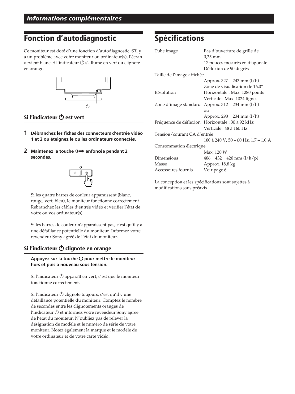 Fonction d’autodiagnostic, Spécifications, Informations complémentaires | Sony GDM-200PST User Manual | Page 42 / 104