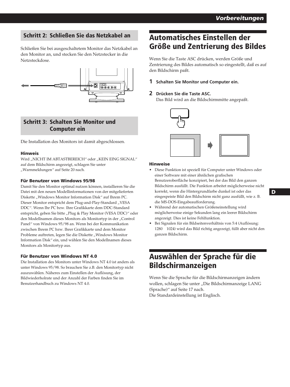 Auswählen der sprache für die bildschirmanzeigen, Vorbereitungen, Schritt 2: schließen sie das netzkabel an | Schritt 3: schalten sie monitor und computer ein | Sony GDM-200PST User Manual | Page 47 / 104