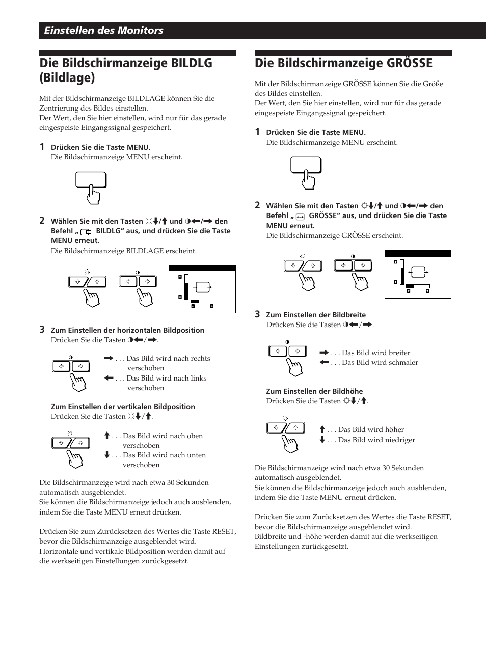 Die bildschirmanzeige bildlg (bildlage), Die bildschirmanzeige grösse, Einstellen des monitors | Sony GDM-200PST User Manual | Page 50 / 104