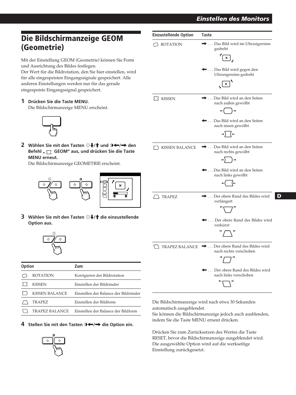 Die bildschirmanzeige geom (geometrie), Einstellen des monitors | Sony GDM-200PST User Manual | Page 51 / 104