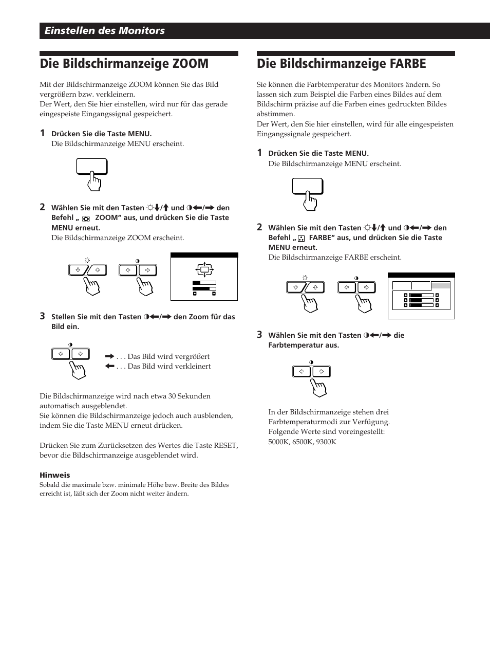 Die bildschirmanzeige zoom, Die bildschirmanzeige farbe, Einstellen des monitors | Sony GDM-200PST User Manual | Page 52 / 104