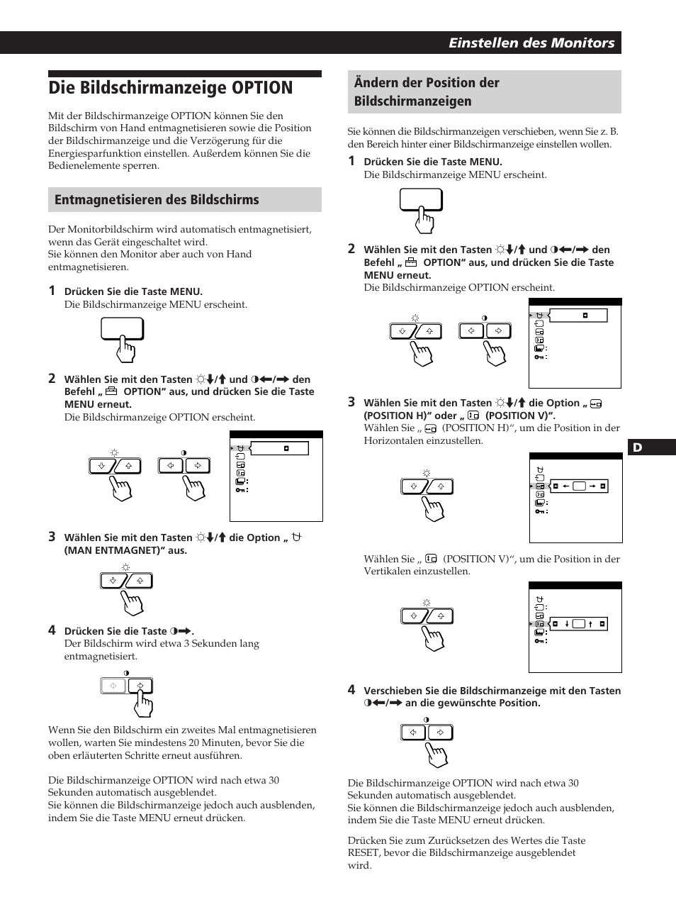 Die bildschirmanzeige option, Einstellen des monitors, Entmagnetisieren des bildschirms | Ändern der position der bildschirmanzeigen, Fen d es i | Sony GDM-200PST User Manual | Page 55 / 104