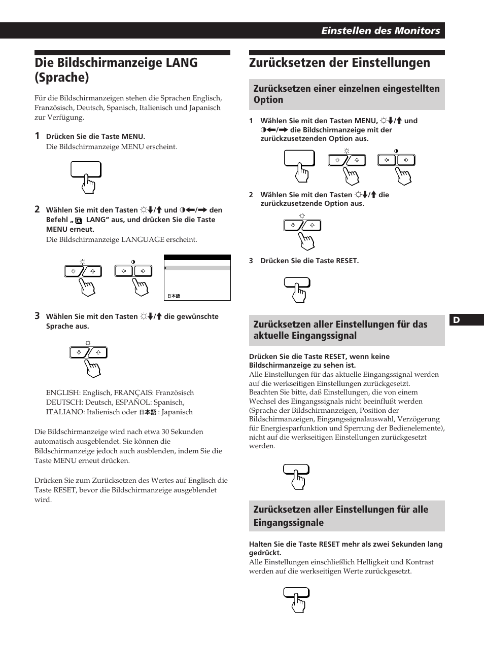 Zurücksetzen der einstellungen, Die bildschirmanzeige lang (sprache), Einstellen des monitors | Zurücksetzen einer einzelnen eingestellten option | Sony GDM-200PST User Manual | Page 57 / 104