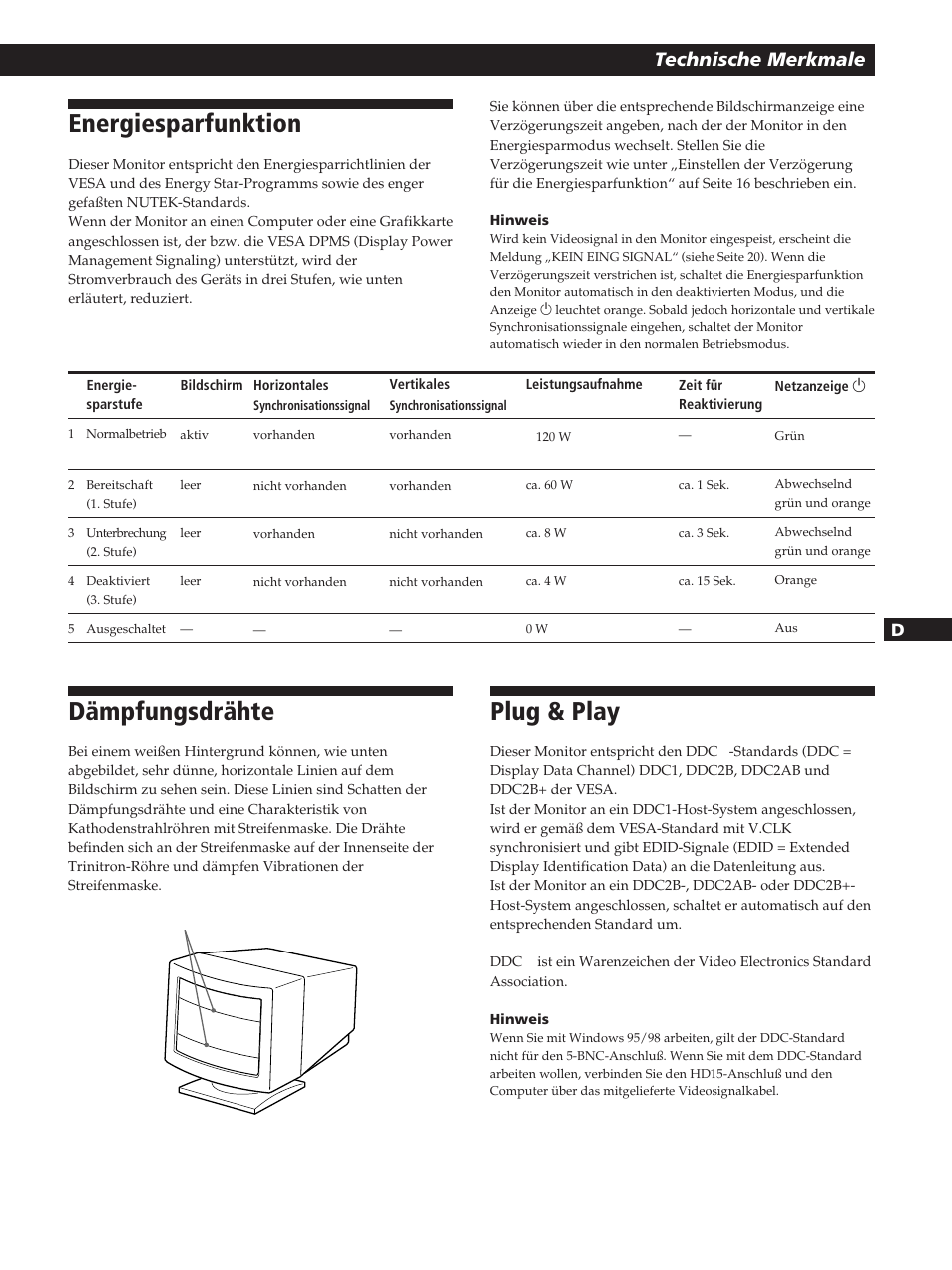 Energiesparfunktion, Dämpfungsdrähte, Plug & play | Technische merkmale | Sony GDM-200PST User Manual | Page 59 / 104
