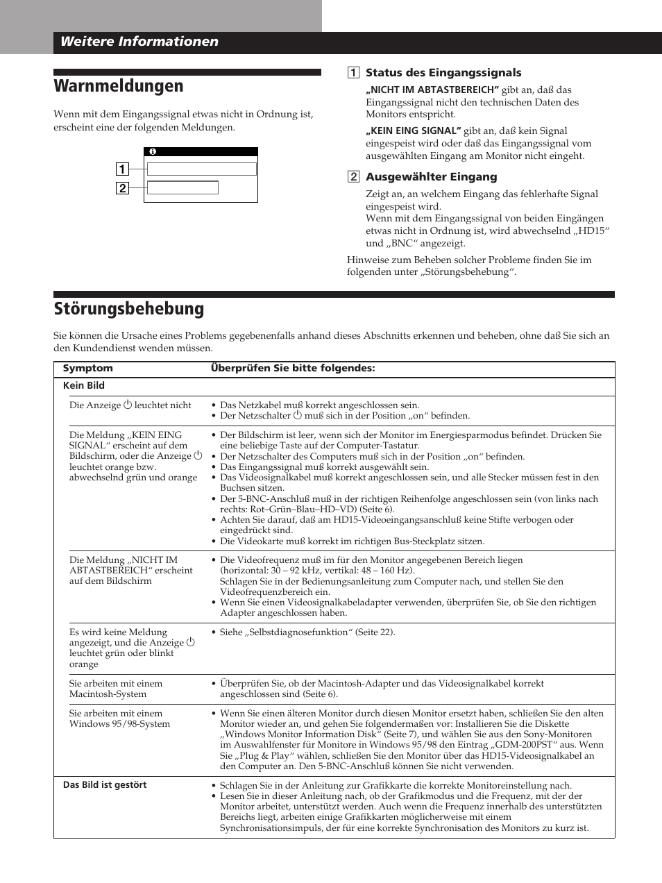 Warnmeldungen, Störungsbehebung, Weitere informationen | Sony GDM-200PST User Manual | Page 60 / 104
