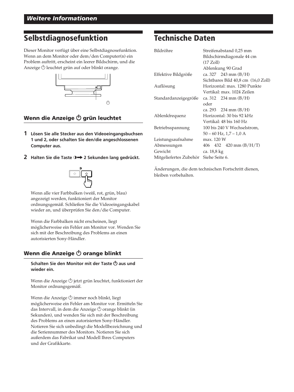 Selbstdiagnosefunktion, Technische daten, Weitere informationen | Sony GDM-200PST User Manual | Page 62 / 104