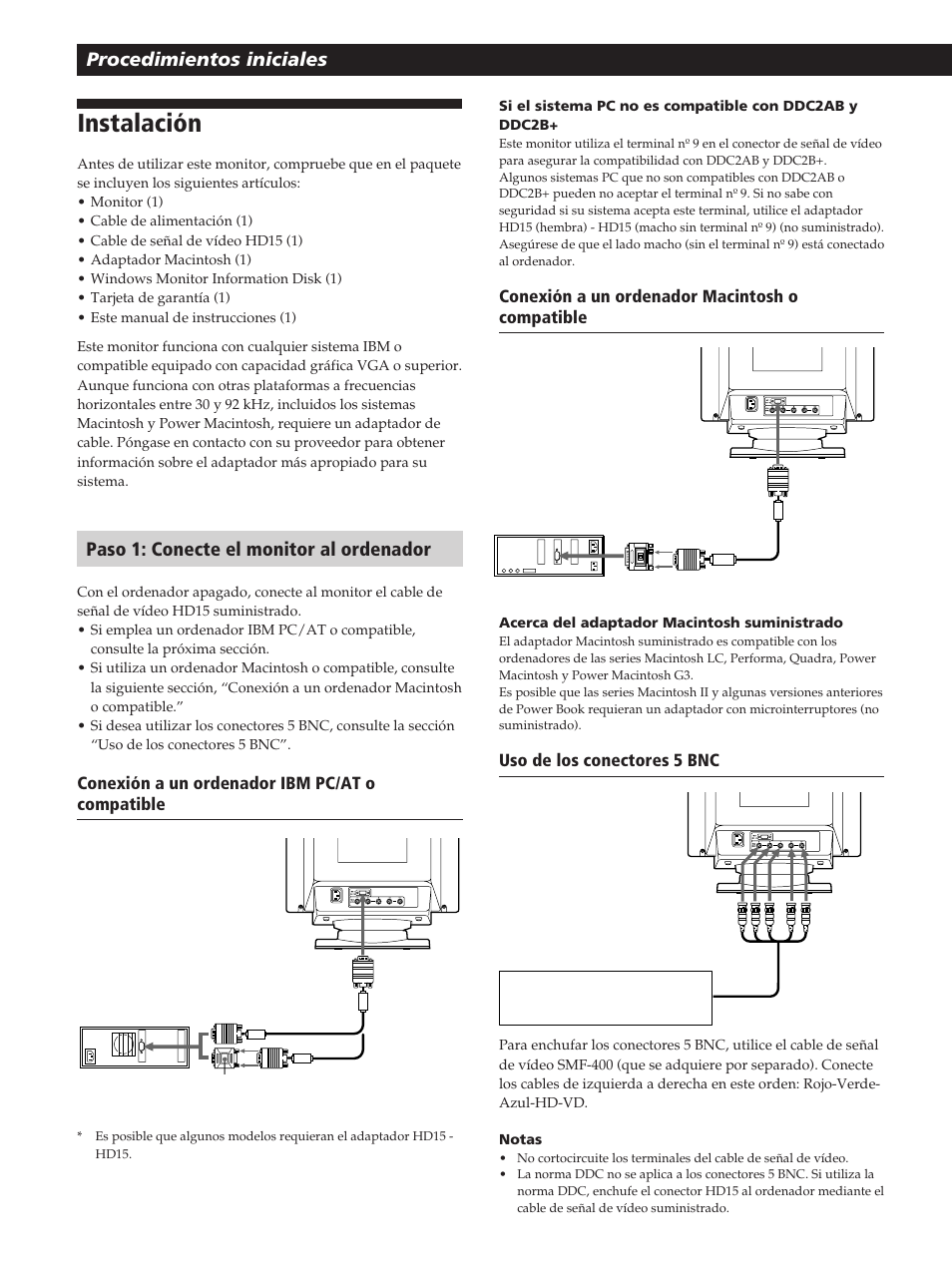 Instalación, Procedimientos iniciales, Paso 1: conecte el monitor al ordenador | Sony GDM-200PST User Manual | Page 66 / 104