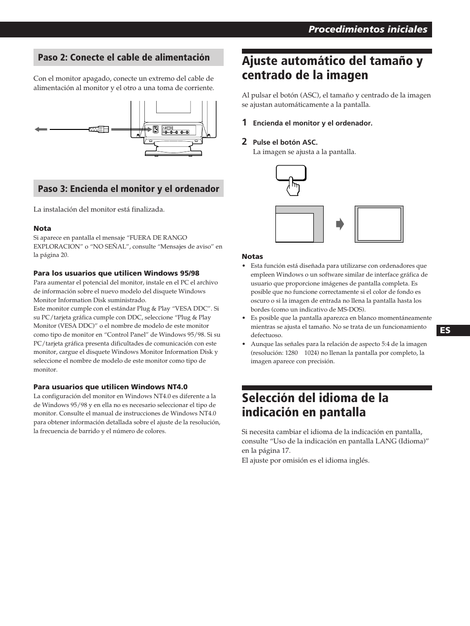 Selección del idioma de la indicación en pantalla, Procedimientos iniciales, Paso 2: conecte el cable de alimentación | Paso 3: encienda el monitor y el ordenador | Sony GDM-200PST User Manual | Page 67 / 104