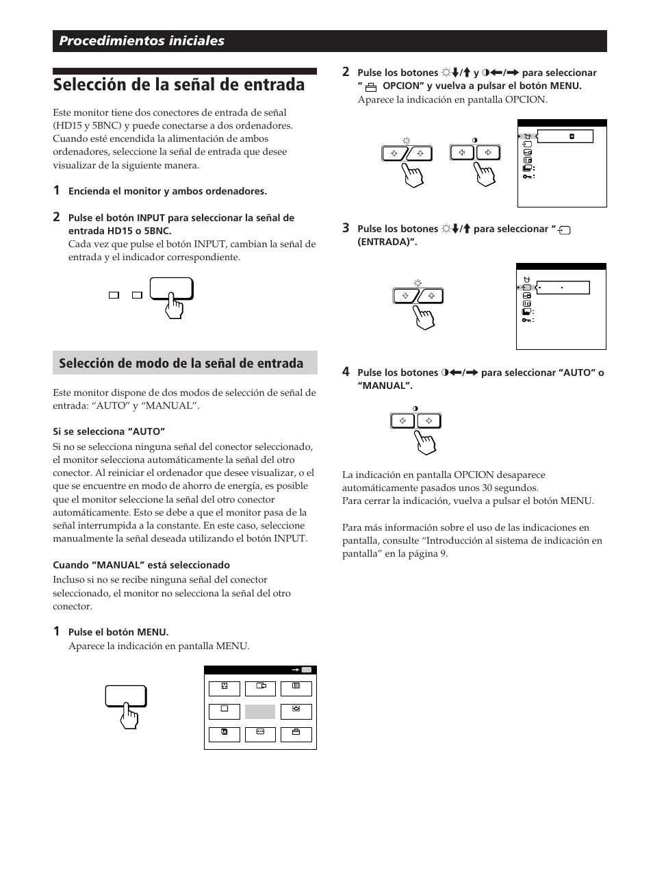 Selección de la señal de entrada, Procedimientos iniciales, Selección de modo de la señal de entrada | Sony GDM-200PST User Manual | Page 68 / 104
