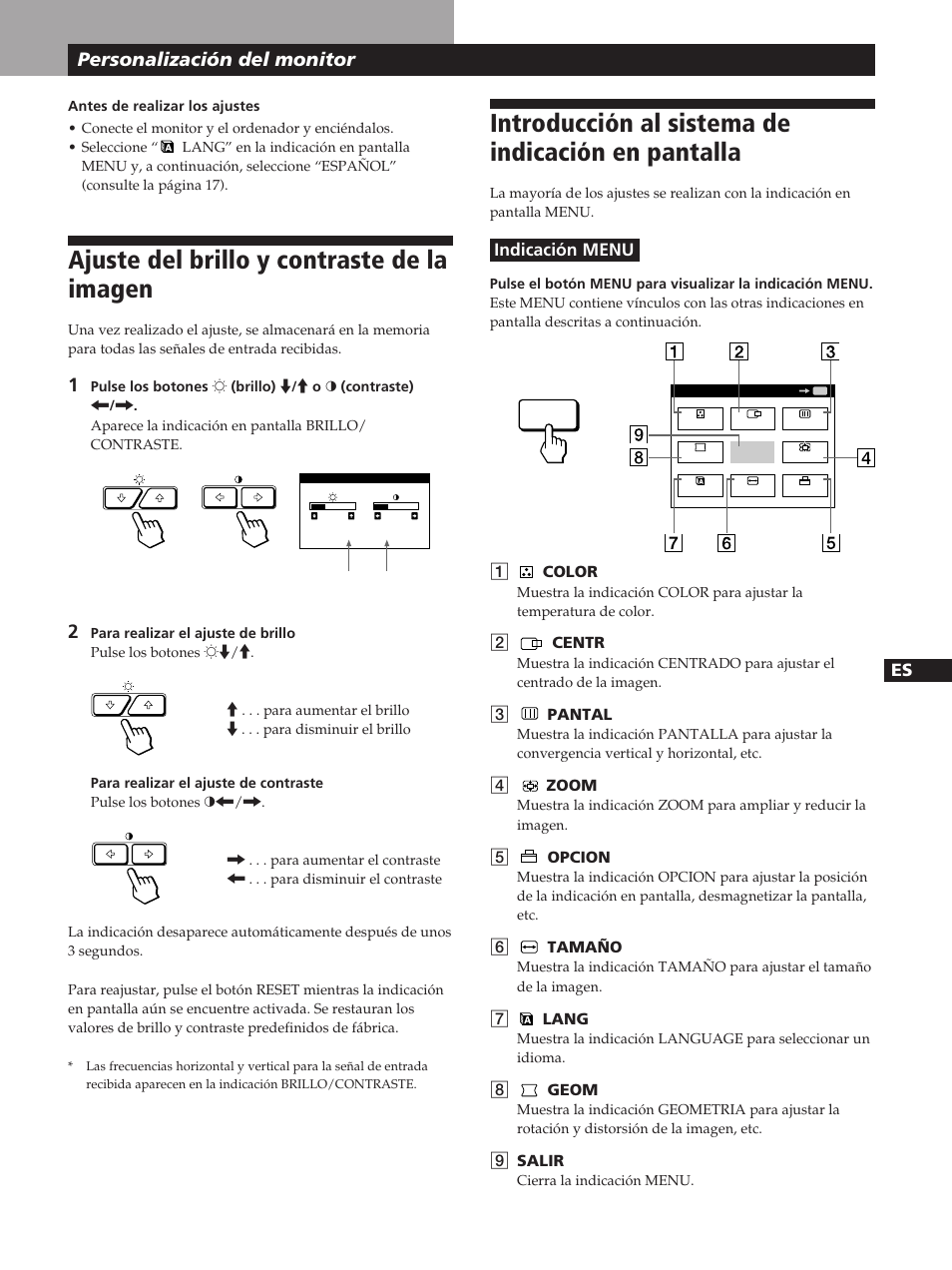 Ajuste del brillo y contraste de la imagen, Introducción al sistema de indicación en pantalla, Personalización del monitor | Sony GDM-200PST User Manual | Page 69 / 104