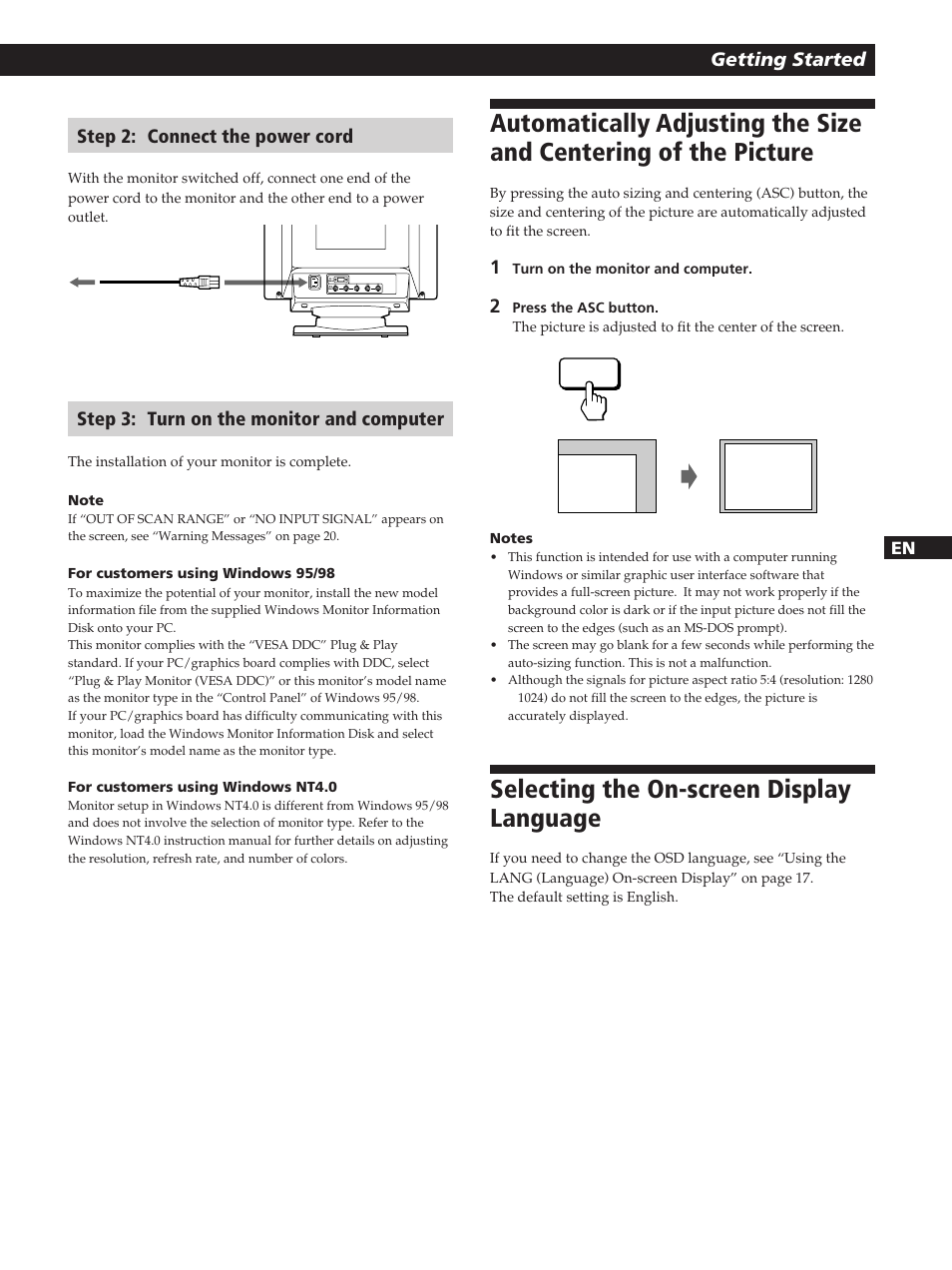 Selecting the on-screen display language, Getting started, Step 2: connect the power cord | Step 3: turn on the monitor and computer | Sony GDM-200PST User Manual | Page 7 / 104