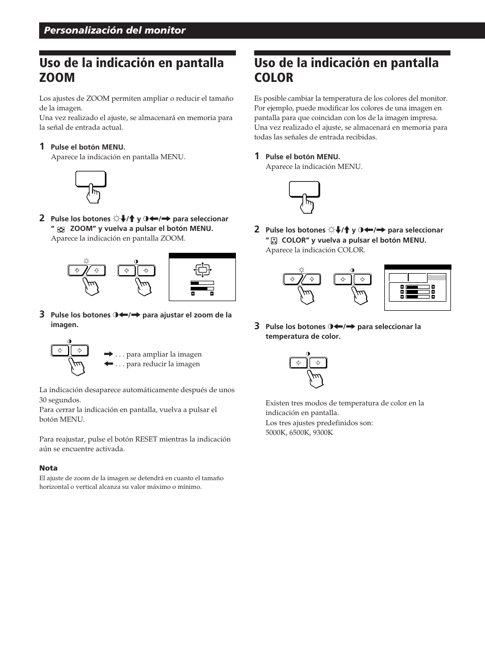 Uso de la indicación en pantalla color, Uso de la indicación en pantalla zoom, Personalización del monitor | Sony GDM-200PST User Manual | Page 72 / 104