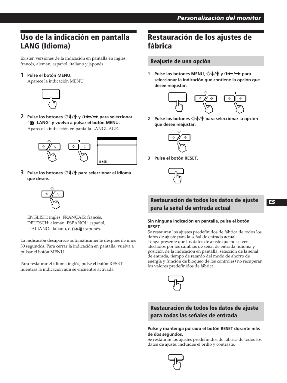 Uso de la indicación en pantalla lang (idioma), Restauración de los ajustes de fábrica | Sony GDM-200PST User Manual | Page 77 / 104