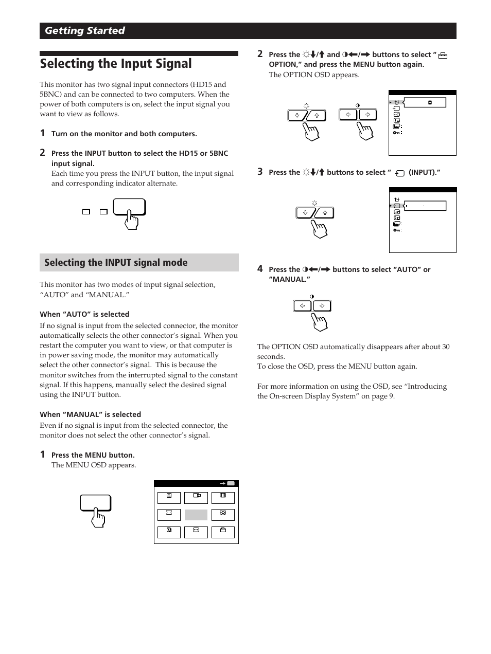 Selecting the input signal, Getting started, Selecting the input signal mode | Sony GDM-200PST User Manual | Page 8 / 104