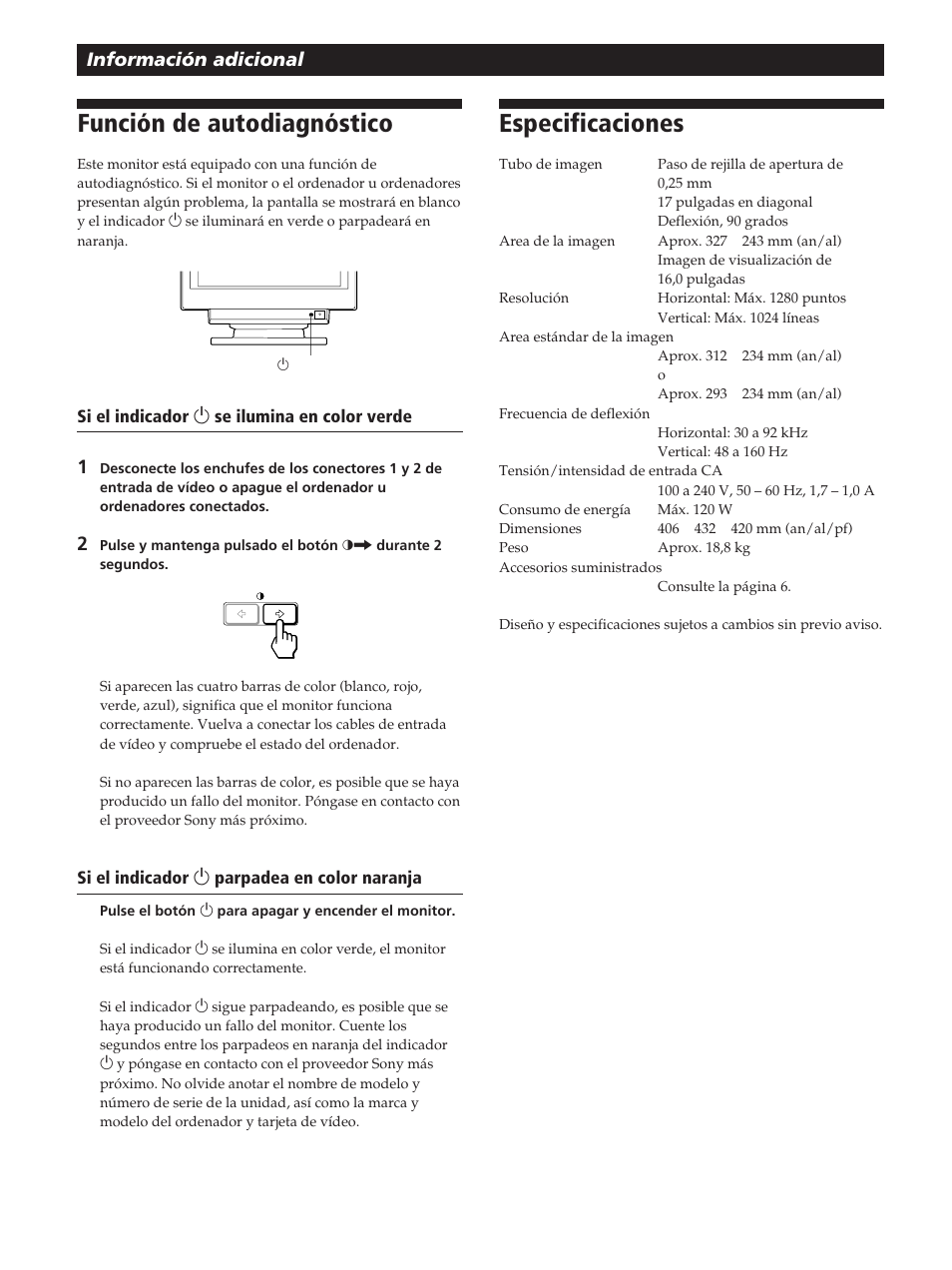 Función de autodiagnóstico, Especificaciones, Información adicional | Sony GDM-200PST User Manual | Page 82 / 104