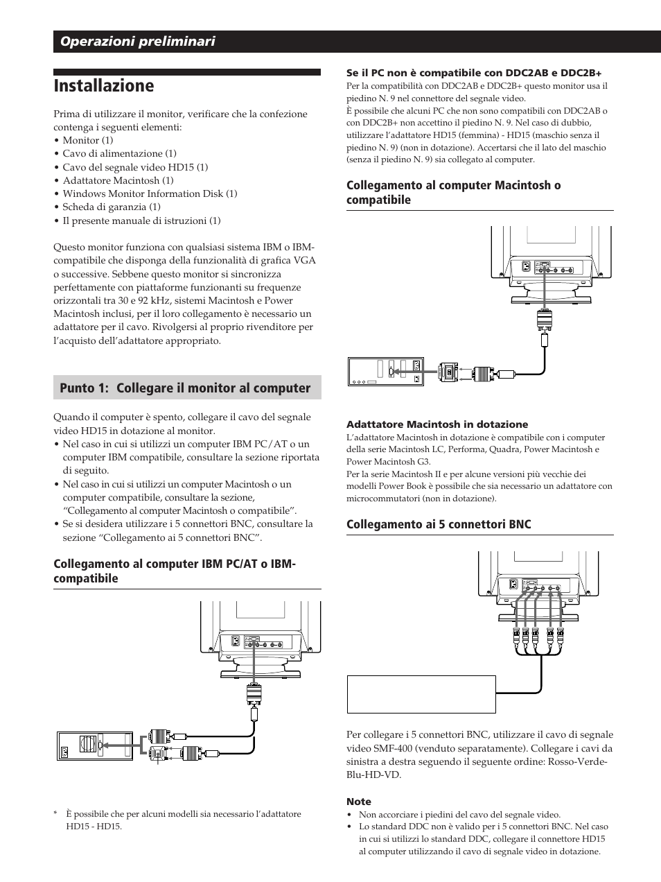 Installazione, Operazioni preliminari, Punto 1: collegare il monitor al computer | Sony GDM-200PST User Manual | Page 86 / 104
