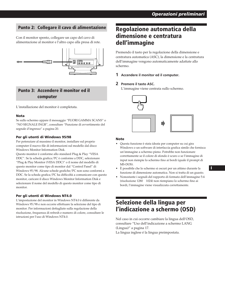 Operazioni preliminari, Punto 2: collegare il cavo di alimentazione, Punto 3: accendere il monitor ed il computer | Sony GDM-200PST User Manual | Page 87 / 104
