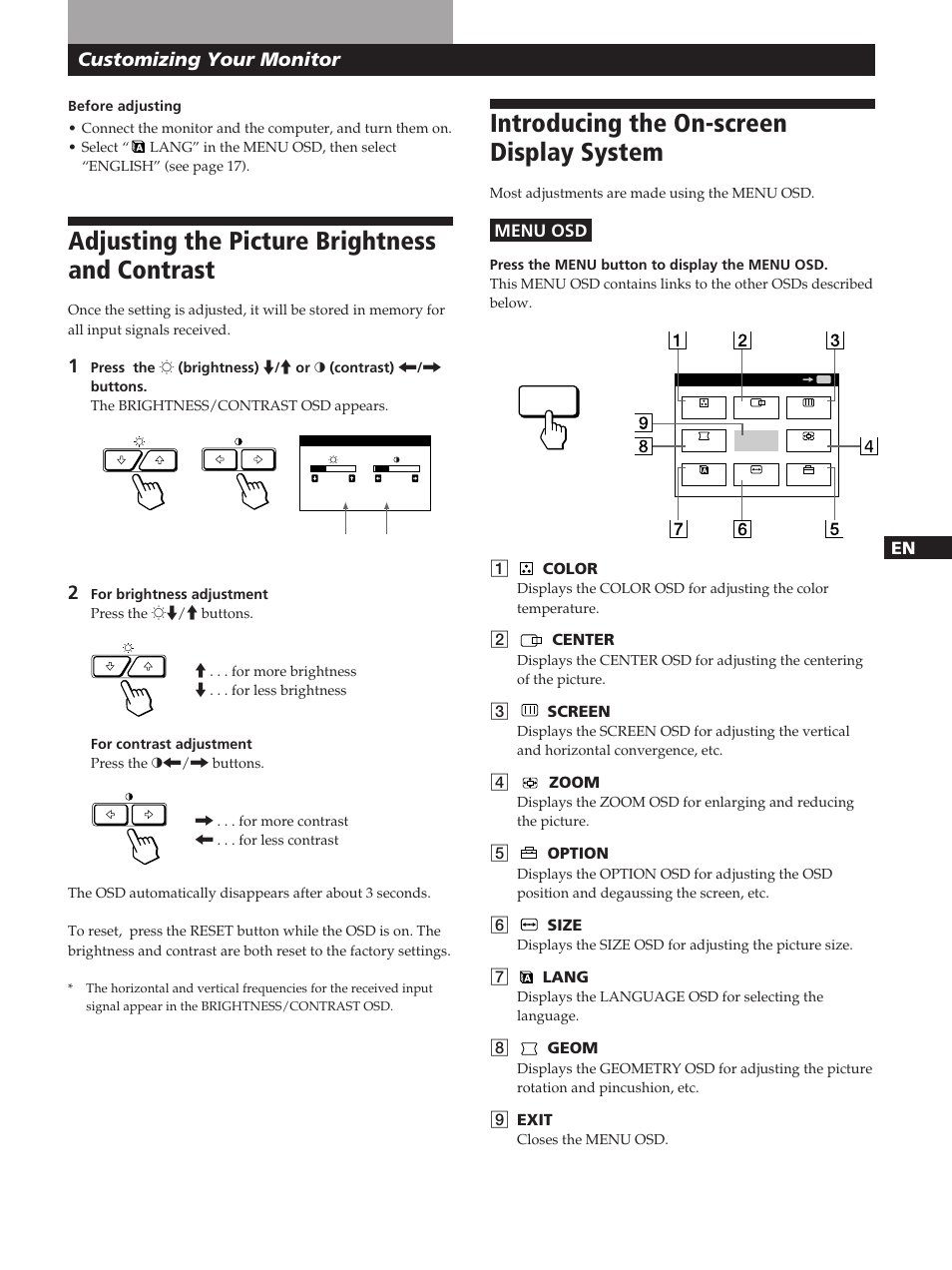 Adjusting the picture brightness and contrast, Introducing the on-screen display system, Customizing your monitor | Sony GDM-200PST User Manual | Page 9 / 104