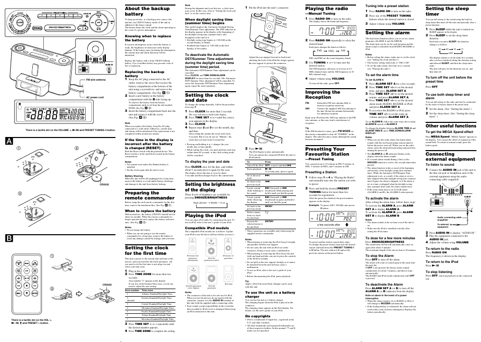 Reset, Reset re se t, About the backup battery | Preparing the remote commander, Setting the clock for the first time, Setting the clock and date, Setting the brightness of the display, Playing the ipod, Playing the radio, Improving the reception | Sony ICFC1IP User Manual | Page 2 / 2