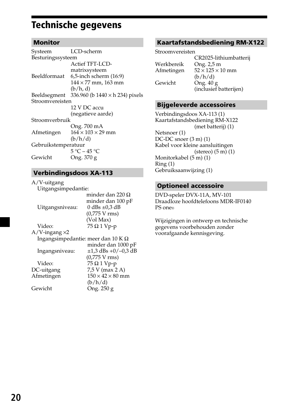 Technische gegevens, 20 technische gegevens | Sony XVM-H65 User Manual | Page 100 / 104