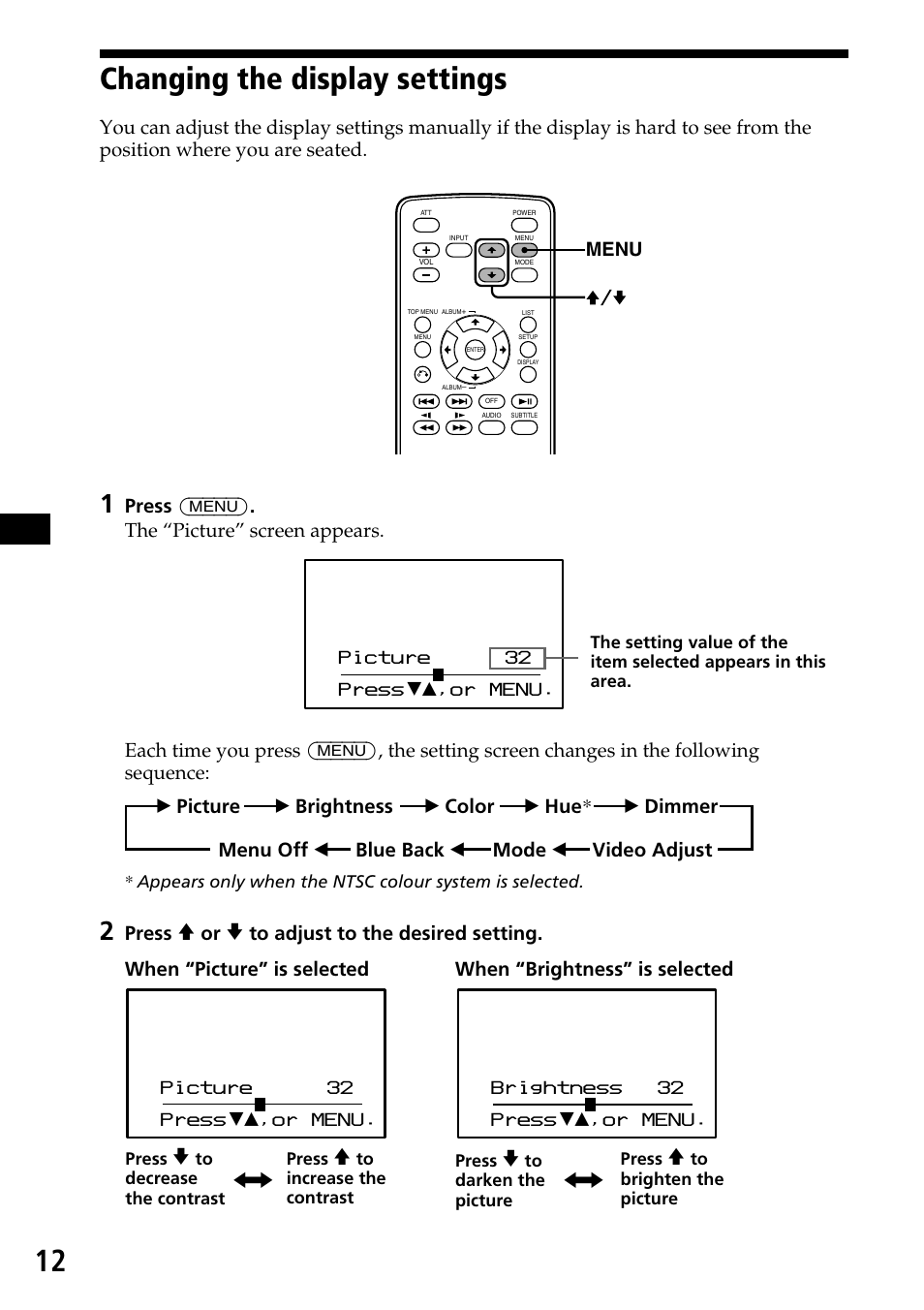 Changing the display settings, 12 changing the display settings | Sony XVM-H65 User Manual | Page 12 / 104