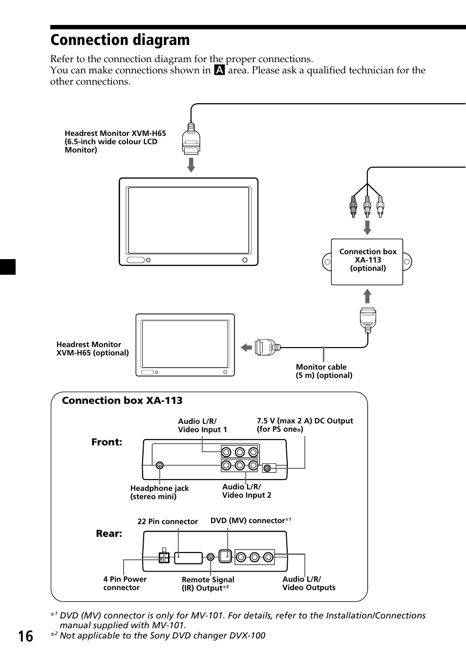 Connection diagram, 16 connection diagram, Front: connection box xa-113 rear | Sony XVM-H65 User Manual | Page 16 / 104