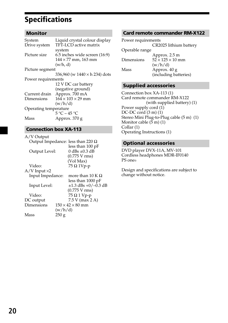 Specifications, 20 specifications | Sony XVM-H65 User Manual | Page 20 / 104