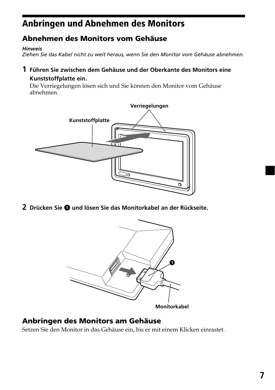 Anbringen und abnehmen des monitors, 7anbringen und abnehmen des monitors | Sony XVM-H65 User Manual | Page 27 / 104