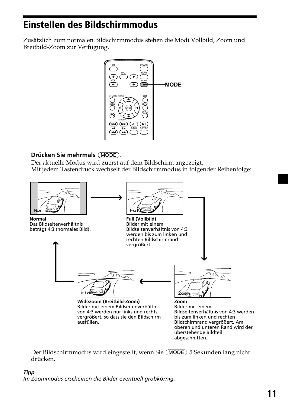 Einstellen des bildschirmmodus, 11 einstellen des bildschirmmodus, Mode | Sony XVM-H65 User Manual | Page 31 / 104